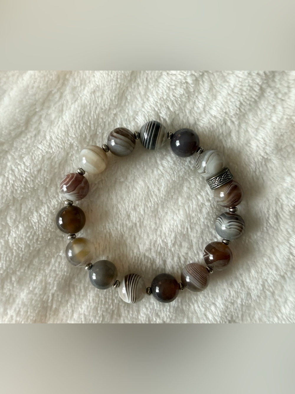 Natural Banded Agate Bead Stretch Bracelet - Brown & Gray